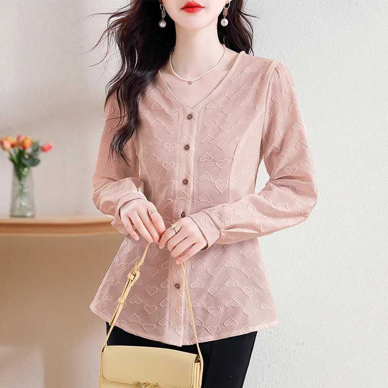 春季新款长袖V领爱心提花衬衣修身显瘦泡泡长袖衬衫