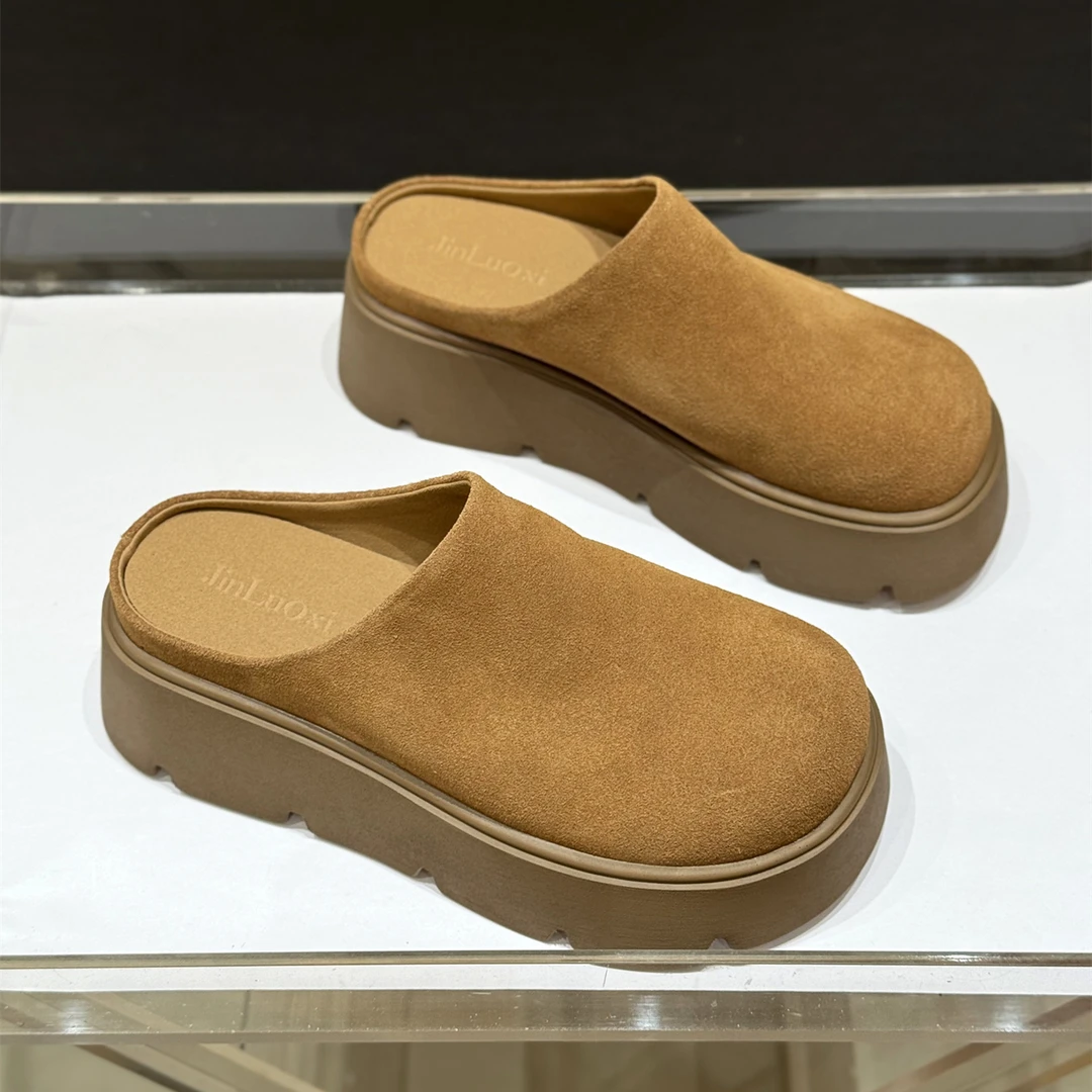 韩版真皮磨砂超火百搭勃肯鞋女2025新款秋季厚底松糕复古包头半拖