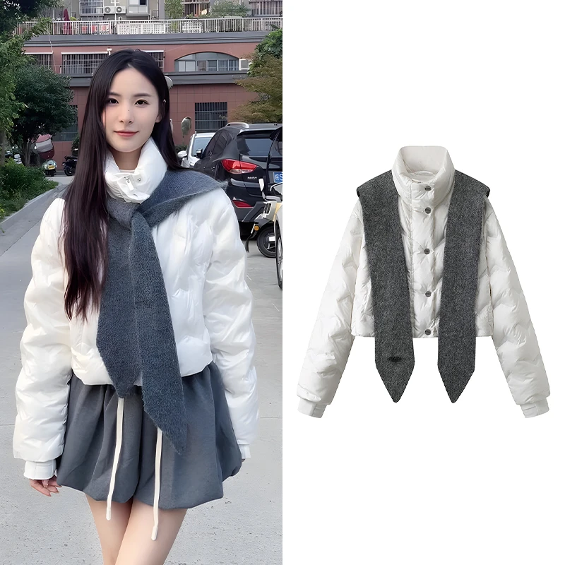 A1227【范】2024冬季新品设计师款减龄披肩围巾短羽绒服显瘦上衣女
