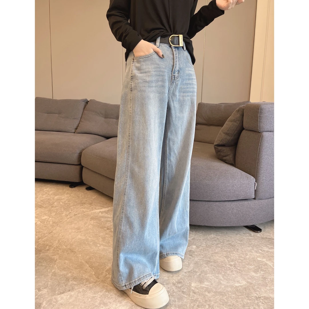2025早春新款直筒薄荷休闲高腰显瘦阔腿直筒裤女