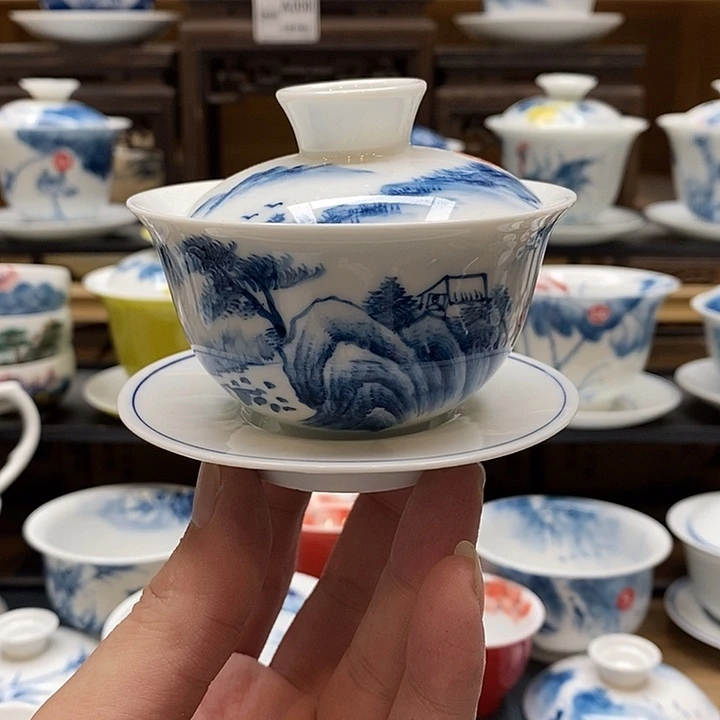 手绘微瑕山水盖碗