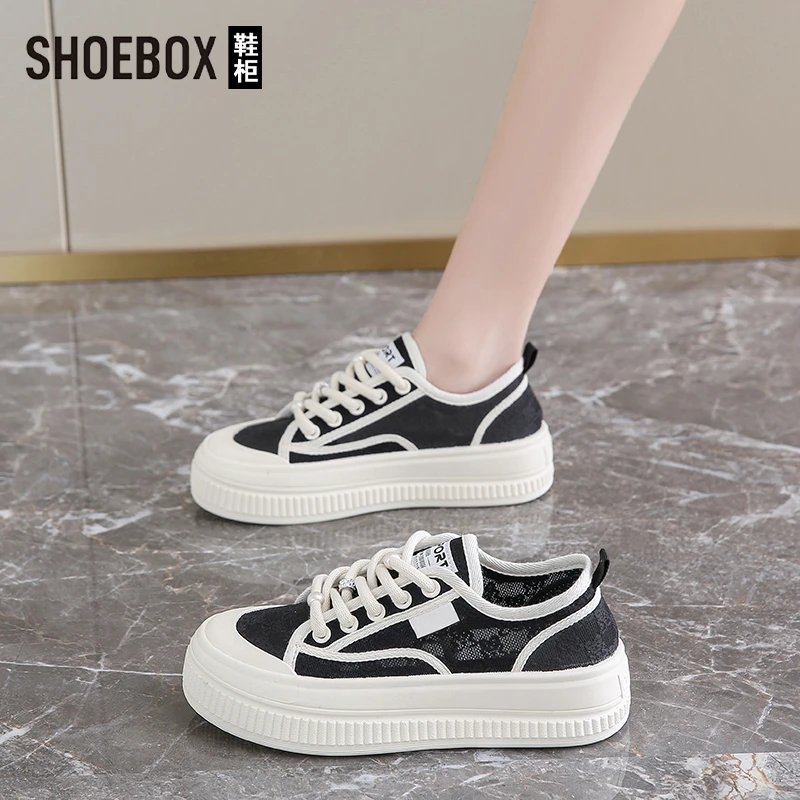 SHOEBOX鞋柜帆布鞋女2025夏新款蕾丝网面透气网鞋小白鞋配裙子