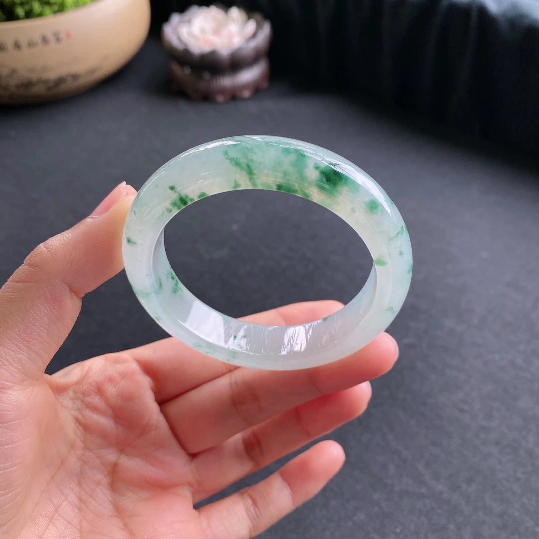 圈口51缅甸老坑A货冰糯种飘花正圈翡翠手镯