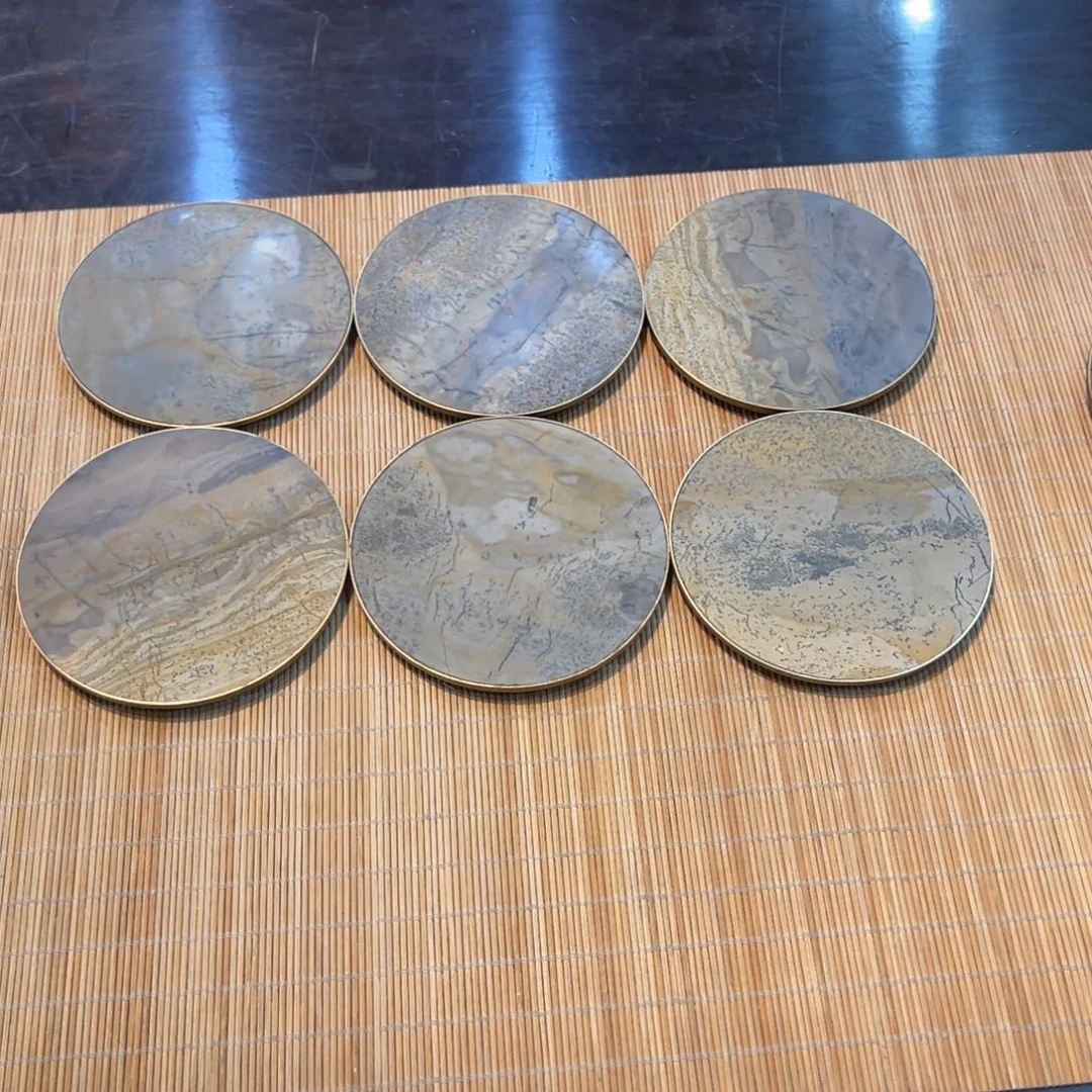 天然国画石铜底杯垫