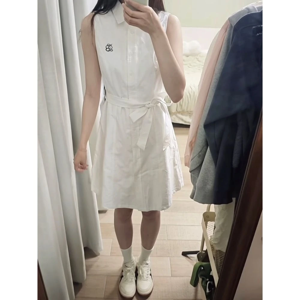 韩系学院风polo领刺绣白色连衣裙女夏季收腰显瘦衬衫裙辣妹短裙子