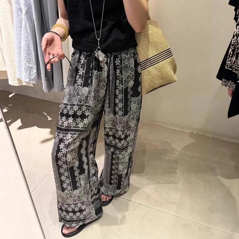 欧货复古印花抽绳松紧腰阔腿裤女2025夏季新款宽松气质冰丝直筒裤