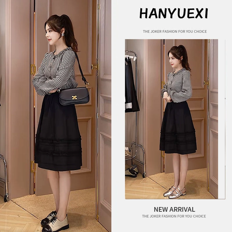 早秋时尚一整套女装2025新款韩版格子衬衫百搭a字半身裙两件套装