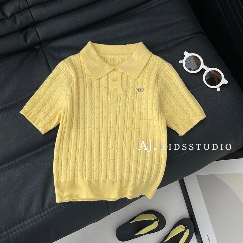 【现货】阿卷2025夏装儿童韩版休闲百搭针织简约翻领短袖T恤MPG5956