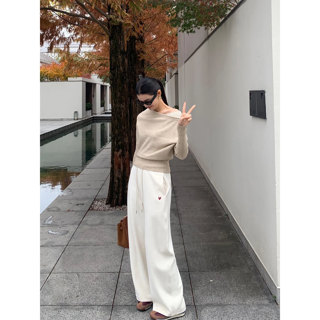 pusumede加绒刺绣针织卫裤宽松休闲香蕉裤阔腿弯刀裤PSK23659-D