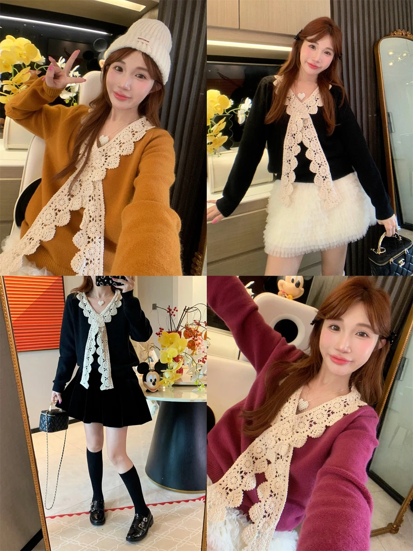 JENNIFER JXLIU韩~复古蕾丝花边飘带V领法式甜美长袖针织毛衣上衣