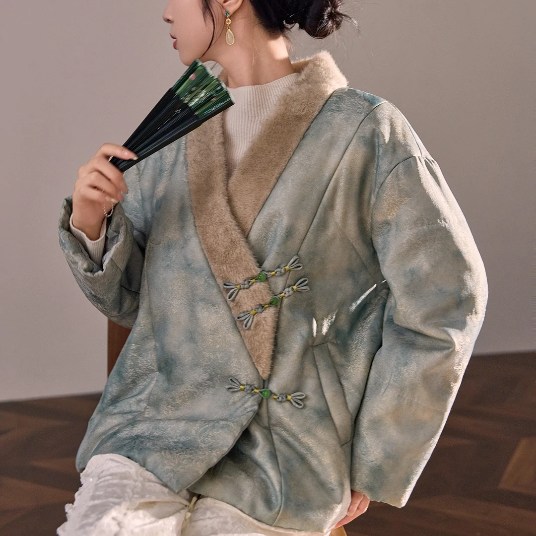 秋冬新中式高级印花刺绣V领毛毛拼接国风棉服人丝外套ZX款冬季