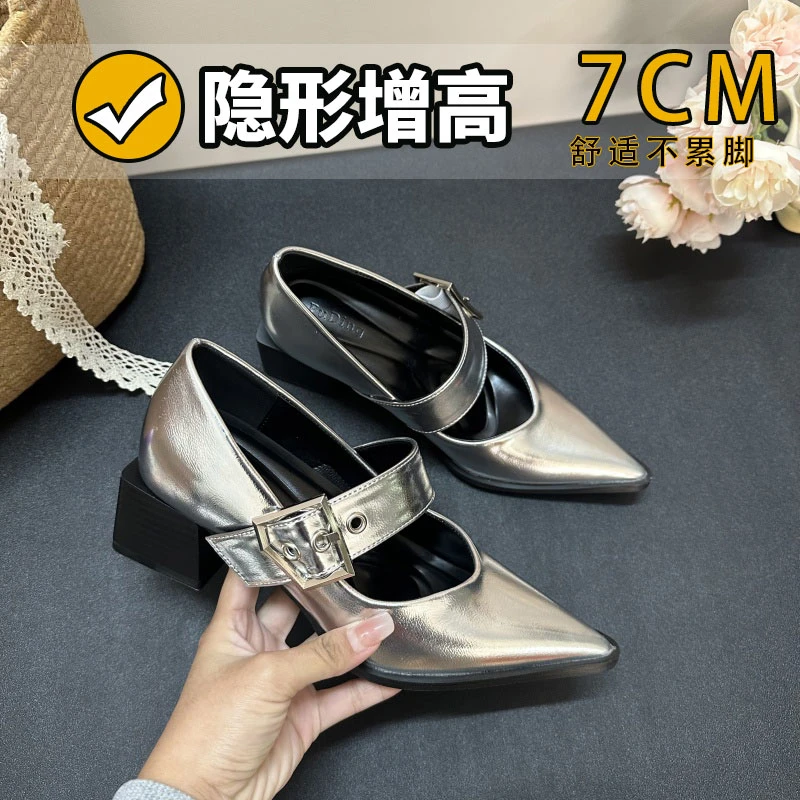 小个子7cm内增高尖头粗跟单鞋女2025夏季新款高跟鞋乐福鞋小皮鞋
