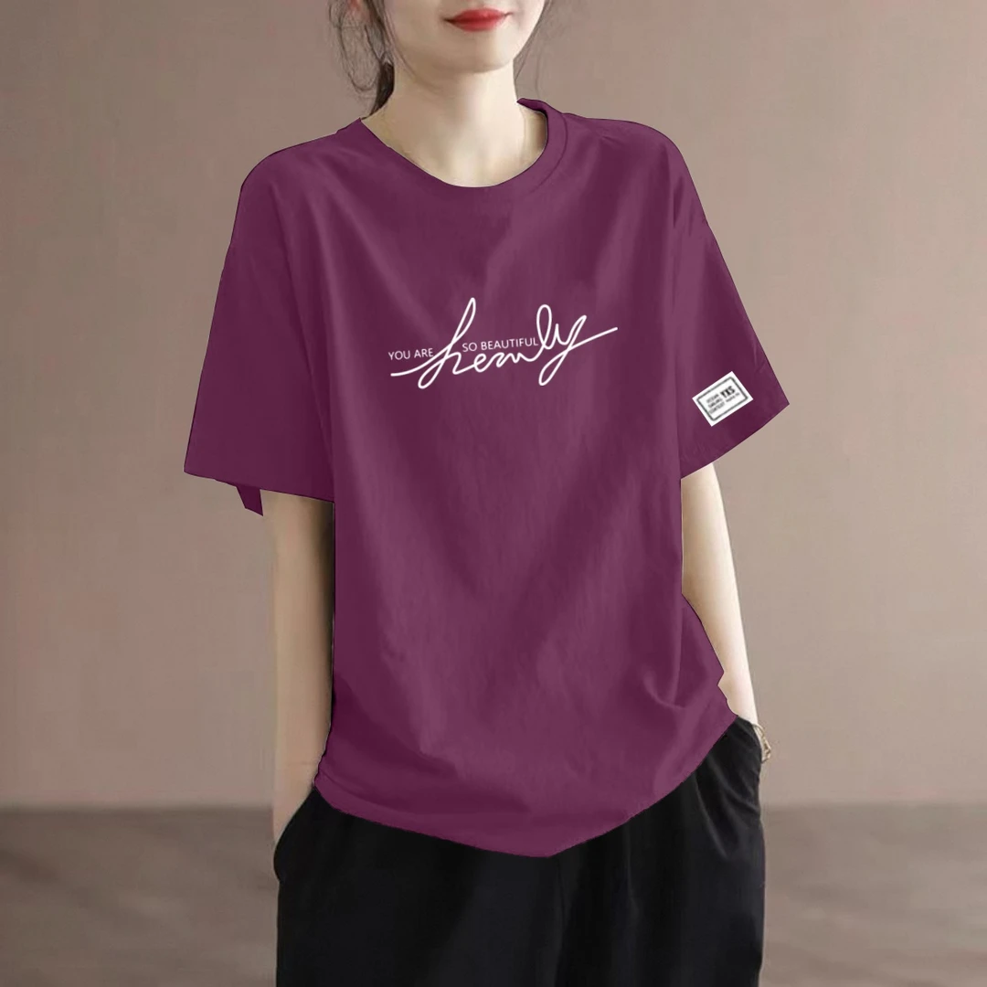 纯棉短袖t恤女士宽松显瘦2025夏季新款洋气减龄休闲大码圆领上衣