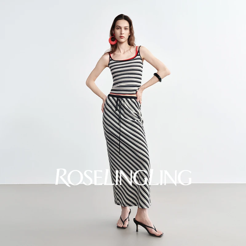 ROSELINGLING律动复古条纹系列定制凉感坑条显瘦背心吊带斜裁半裙