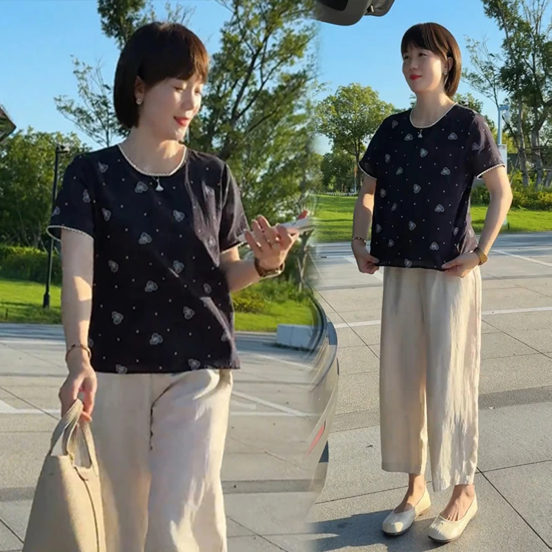 2025巨好看夏装两件套设计感刺绣圆领衬衫休闲九分裤百搭气质套装