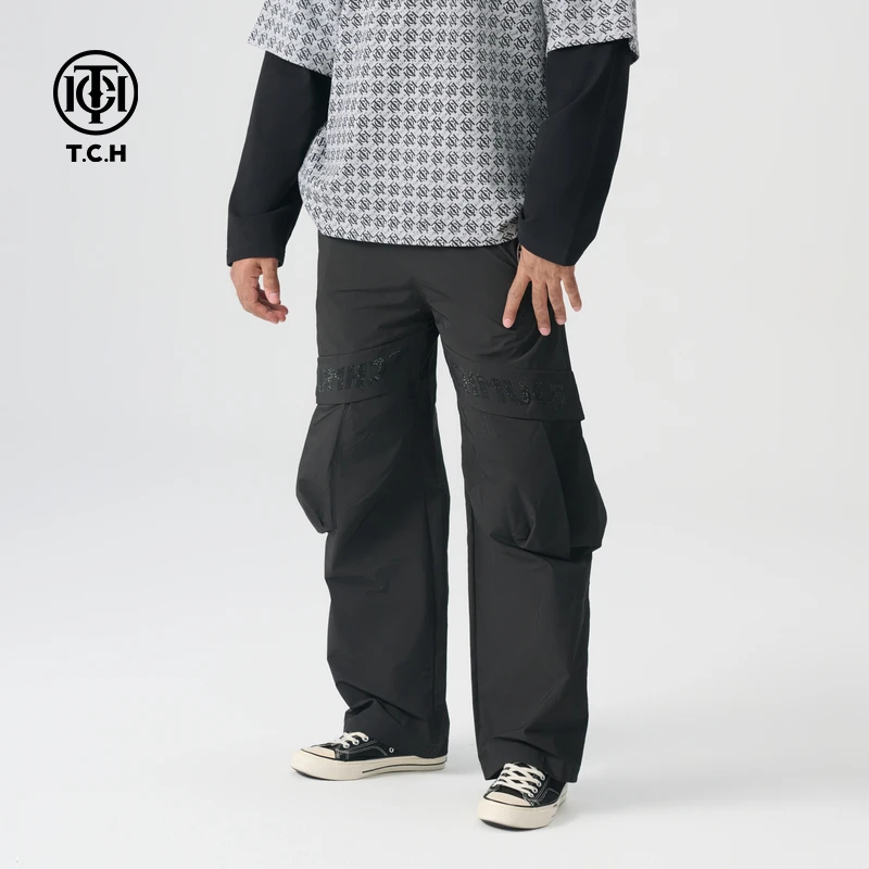 轻奢/T.C.H2024春季新款时尚百搭烫钻拼接黑色长裤T7206015