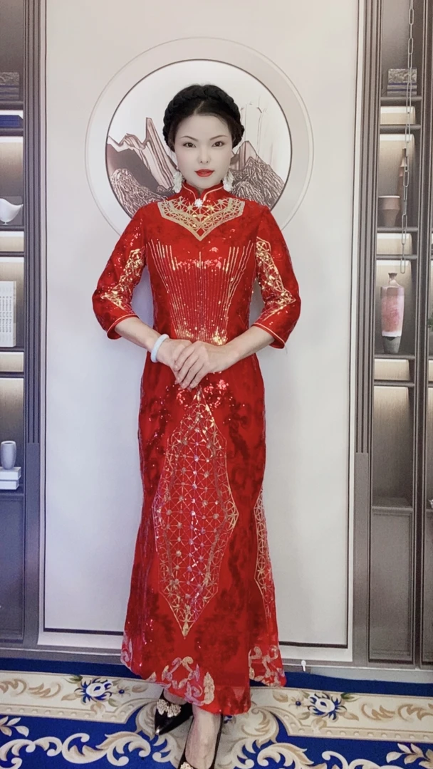 夏款中式改良婚宴酒红色旗袍鱼尾裙