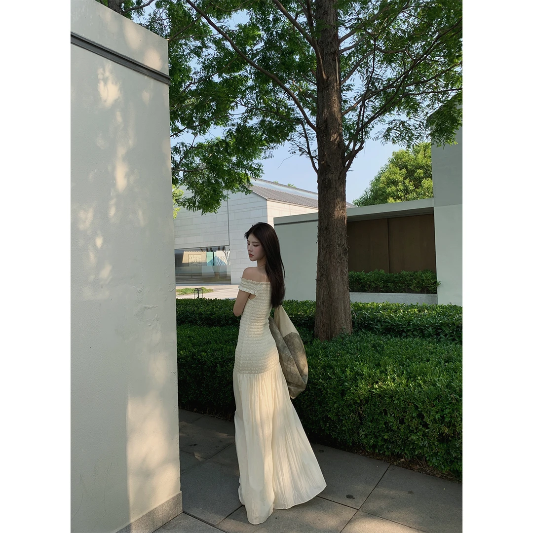 ASM ANNA重工打揽一字肩连衣裙女收腰显瘦天丝混纺长裙A254BLY031