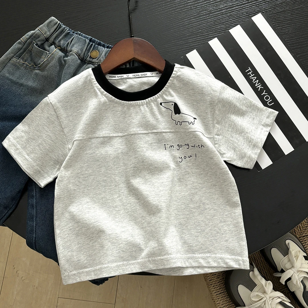 儿童夏季纯棉短袖T恤男女童百搭花灰色上衣中童洋气棉T