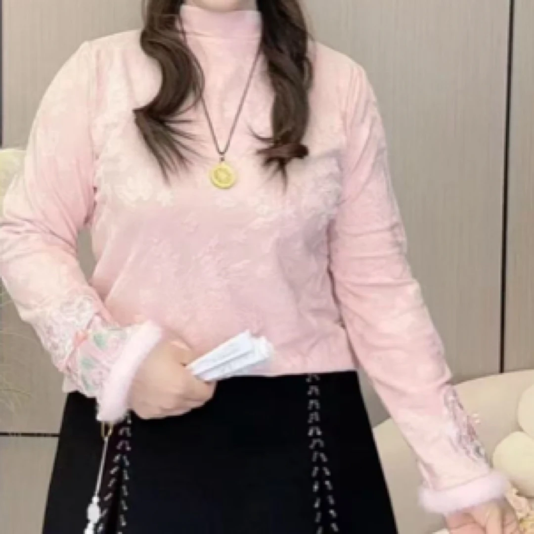 【晴儿家】2024冬季大码新款国风提花半高领洋气加绒高弹打底衫1180