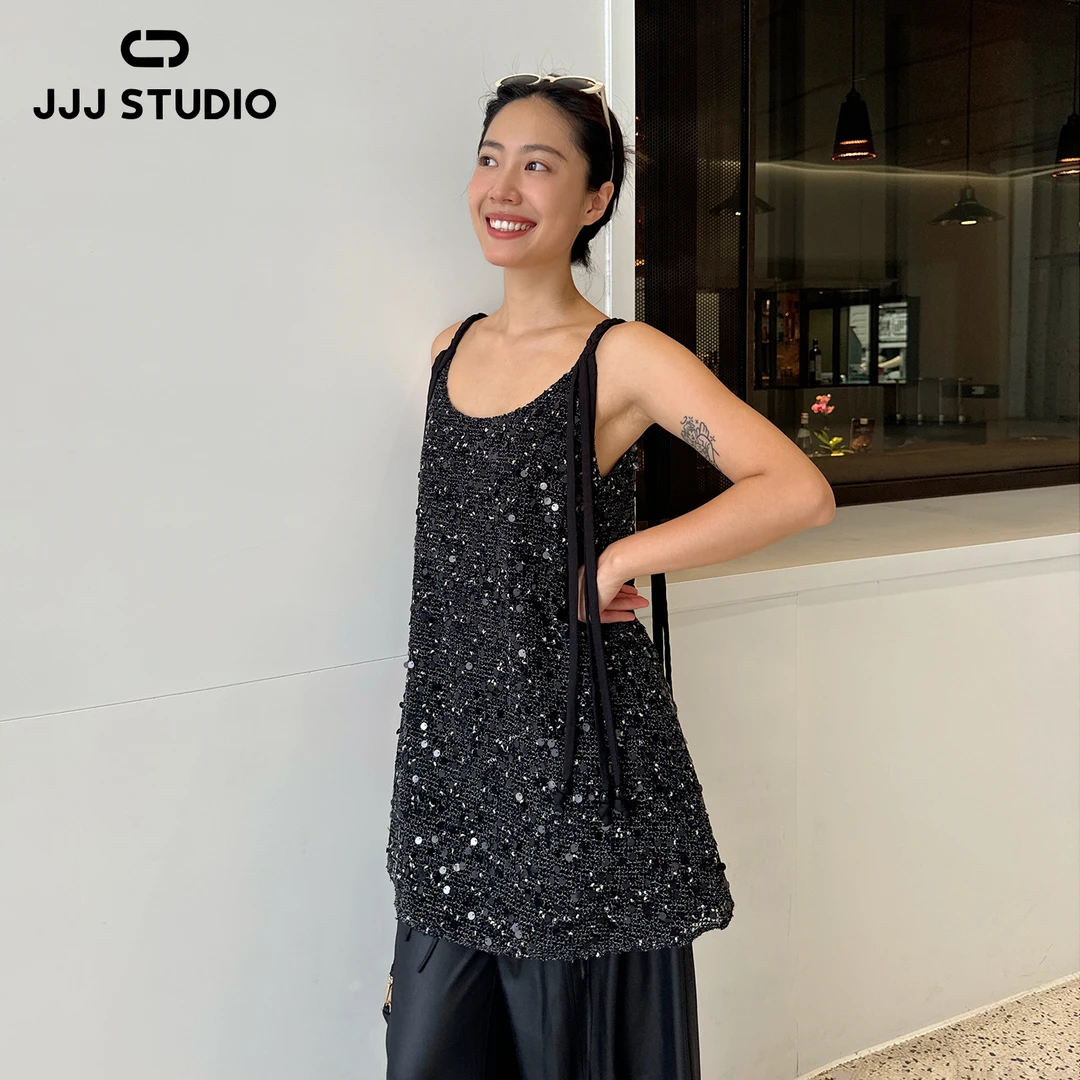 JJJ STUDIO黑色珠片装饰氛围感吊带辣妹百搭25夏季新款JUWWR3N233