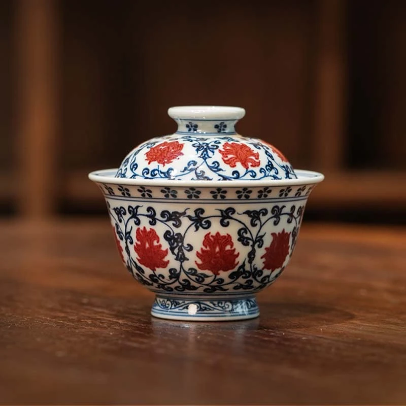 釉里红缠枝莲盖碗纯手工陶瓷家用花纹中式茶道景德镇茶具