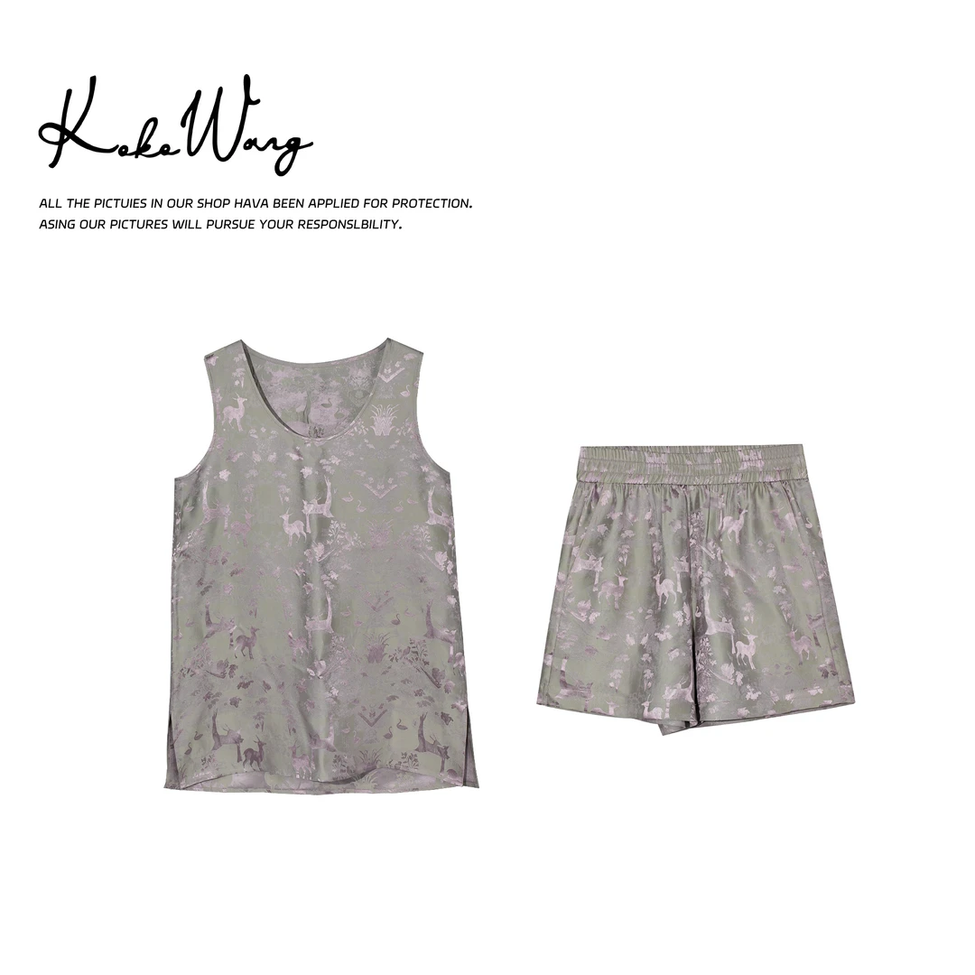KOKO WANG一鹿有你气质桑蚕丝提花背心短裤休闲套装502445C22H41