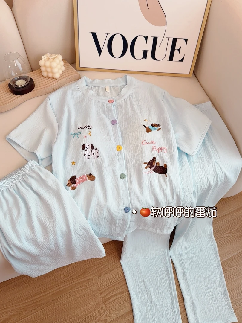 刺绣修狗｜带胸垫韩系ins重工刺绣腊肠狗可爱卡通睡衣家居服