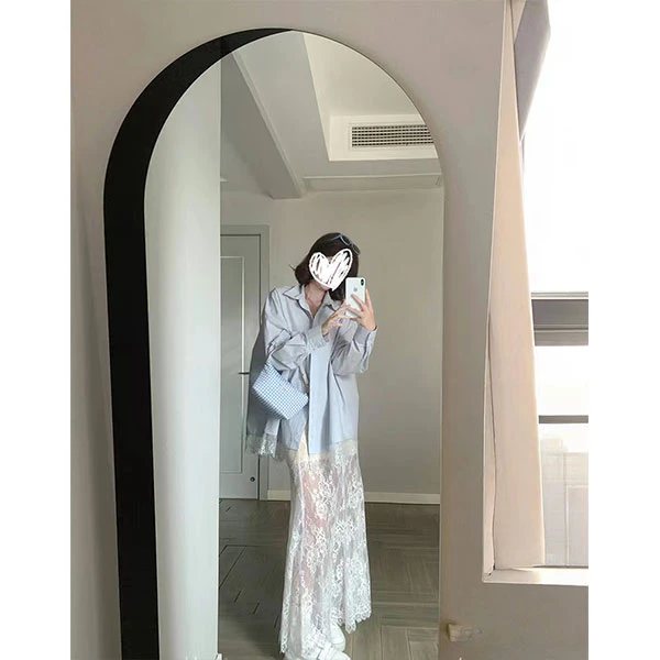 【冰岛慕斯】超绝仙女蕾丝下摆蓝色显瘦衬衣+美背+半裙套装 8015