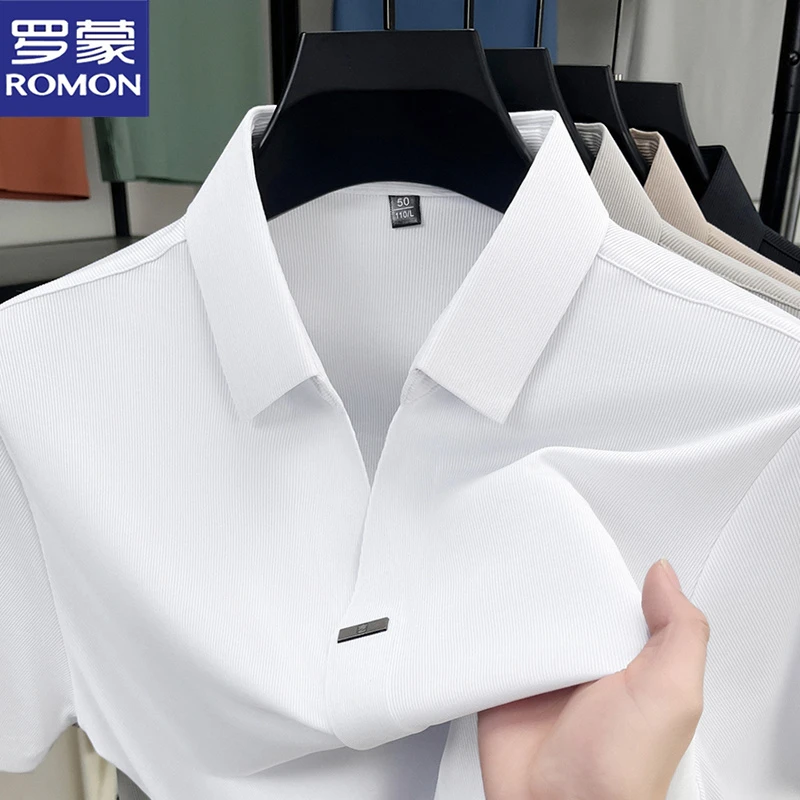 罗蒙夏季凉感无痕翻领POLO短袖T恤冰丝纯色百搭商务休闲半袖上衣