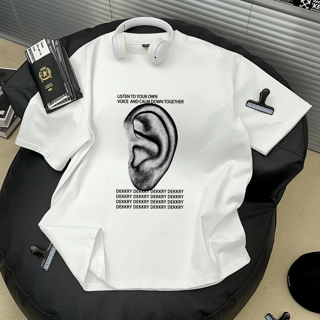 Dekkry夏季小众圆领上衣潮牌美式创意高街耳朵纯棉短袖t恤男女