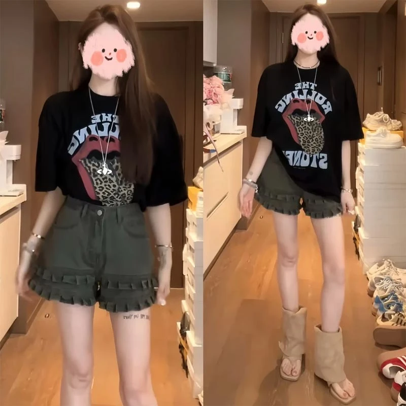 2025夏季新款韩版印花宽松短袖T恤百搭牛仔休闲短裤女小众两件套