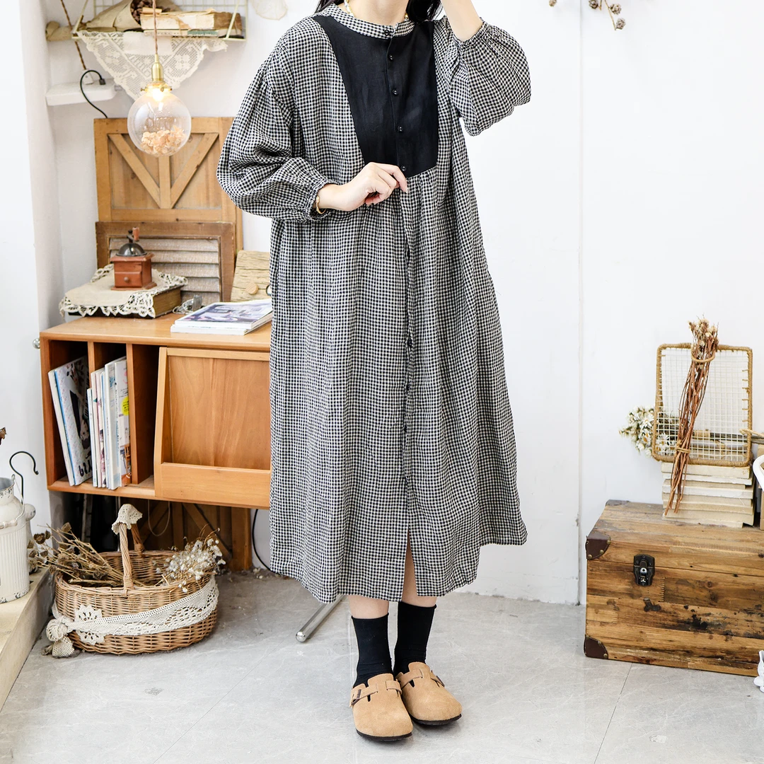 复古格子撞色亚麻女装2025夏季新款宽松简约中长款连衣裙衬衣裙