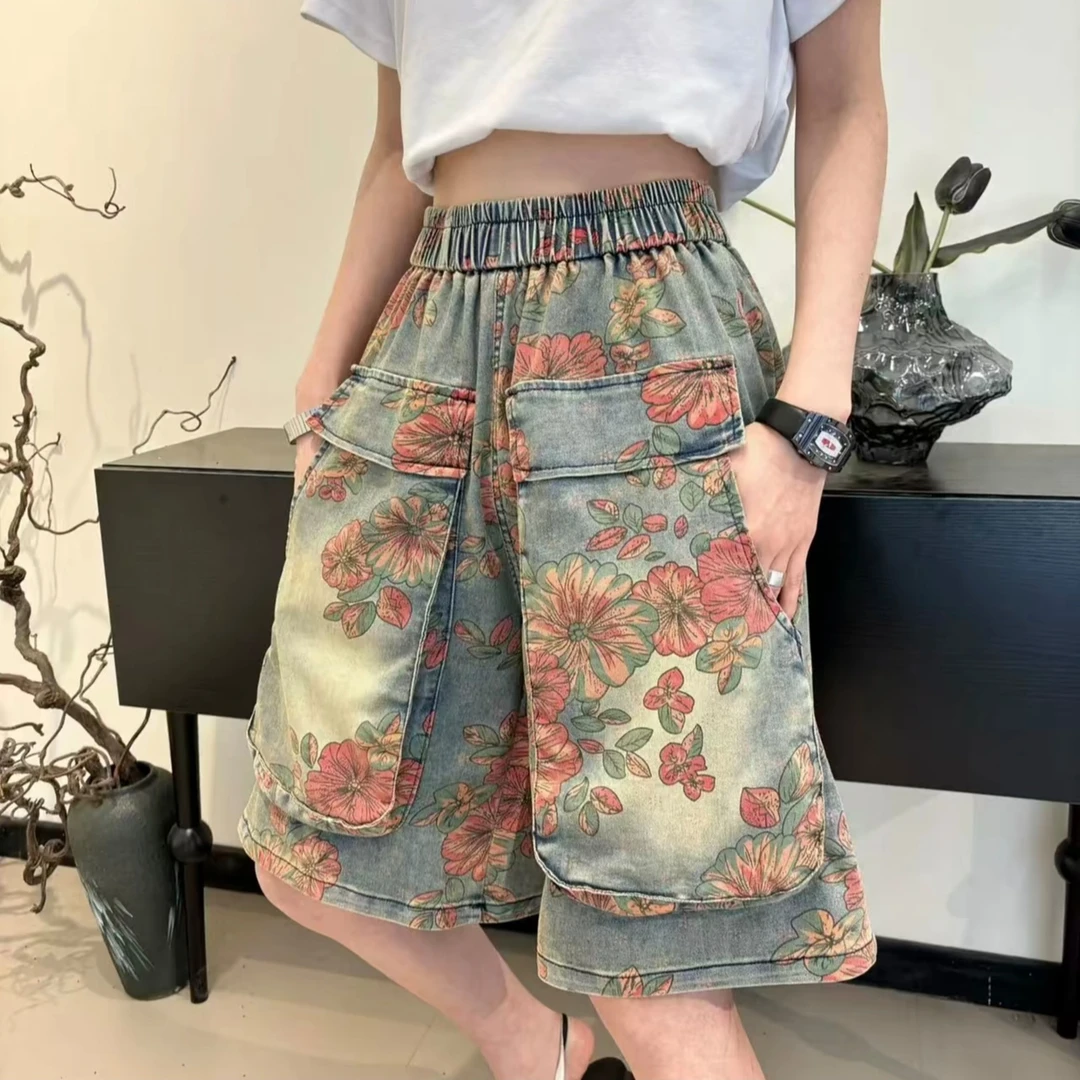 8116新款大码复古宽松大兜花朵短裤