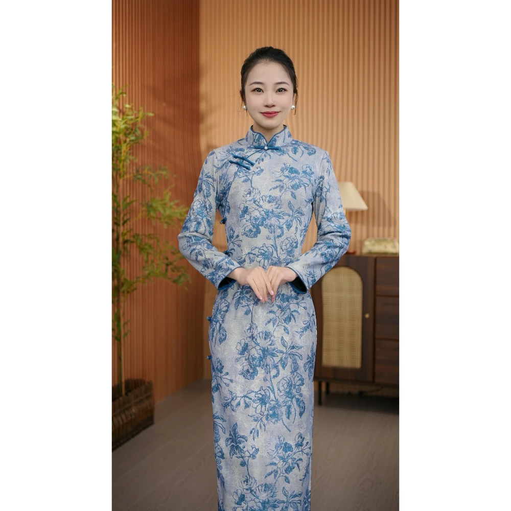 【青釉花容】衣长120冬季新款古法长款加绒高档旗袍