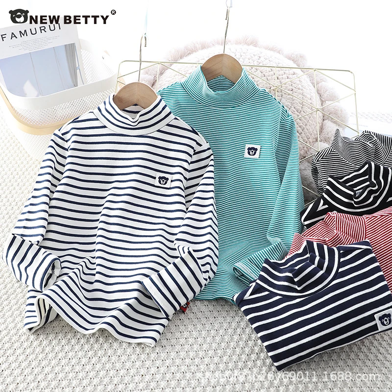 熊仔2023秋冬新款儿童横条半高领打底衫中大童精梳棉寸领长袖124