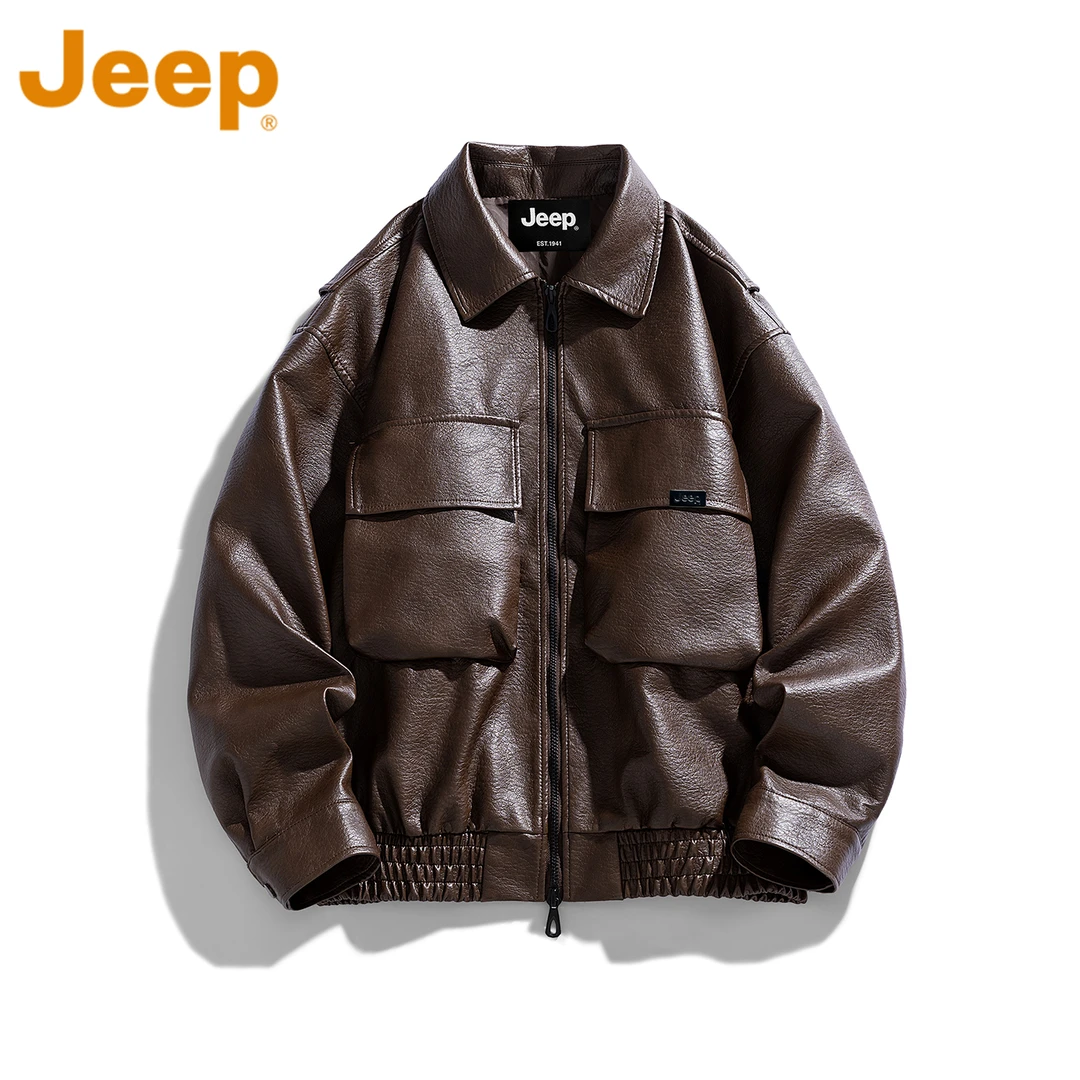 JEEP吉普潮牌痞帅机车PU皮夹克男款春秋宽松翻领美式休闲秋装皮衣