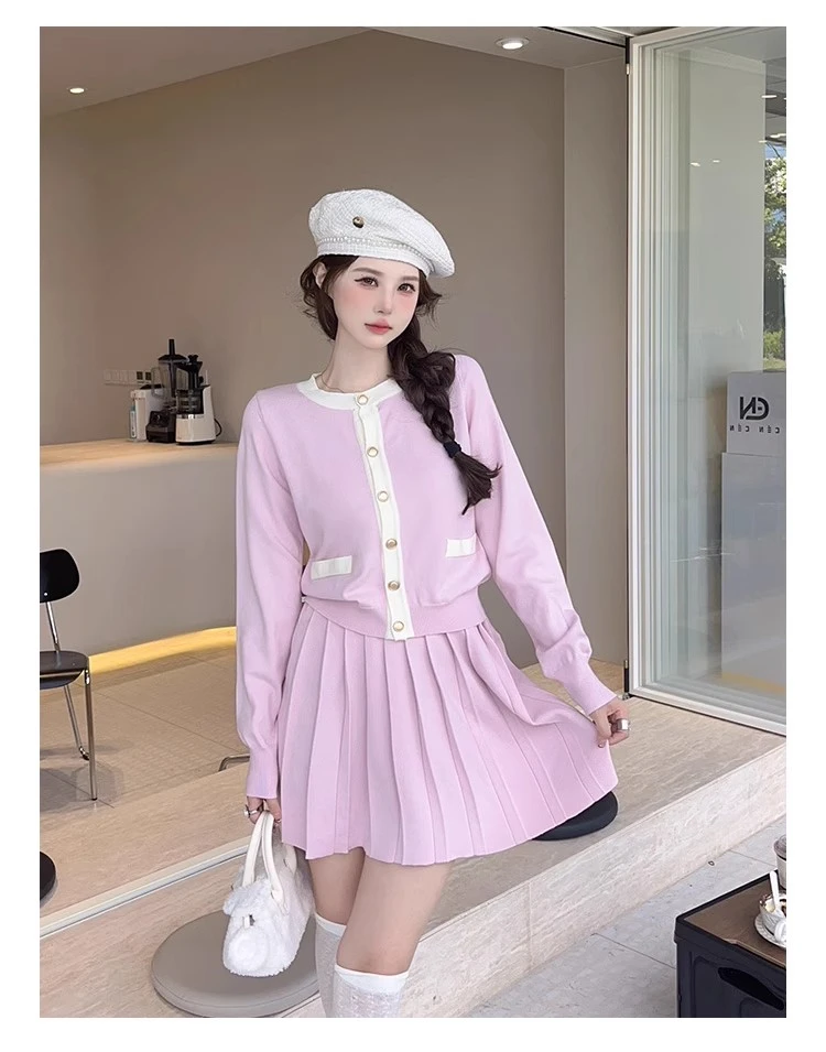 ISTYNI星奢买手店设计师菖蒲紫针织套装开衫百褶裙两件套女秋季