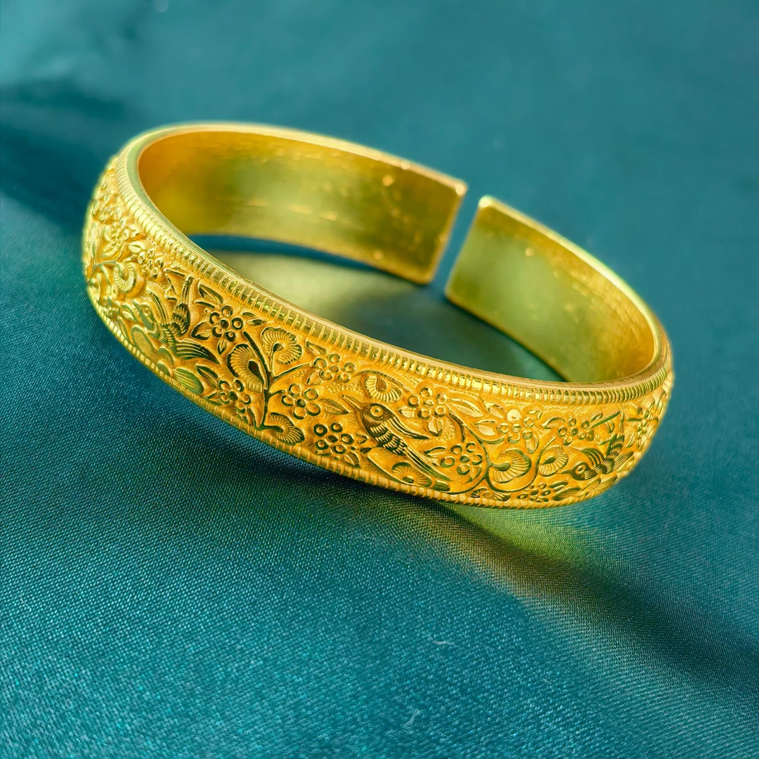 足银手镯 喜上眉梢牡丹花纯手工簪刻开口可调节时尚轻奢