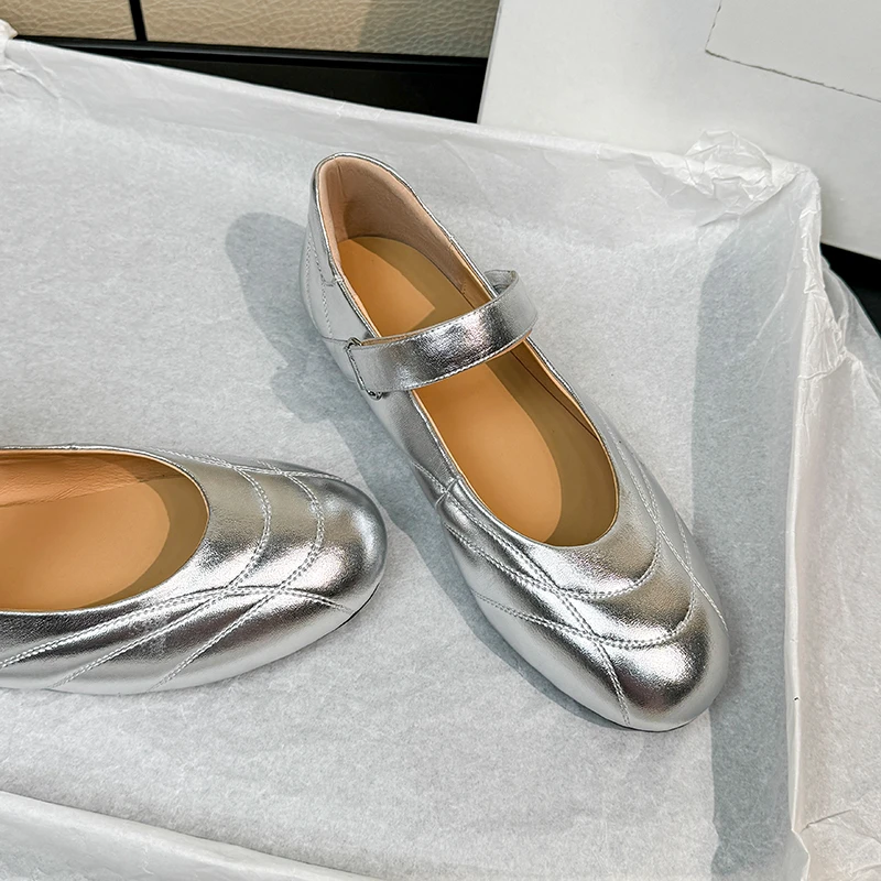 【香港DcSU专柜国际女鞋馆】皮银色一字带玛丽珍鞋女春季圆头浅口软