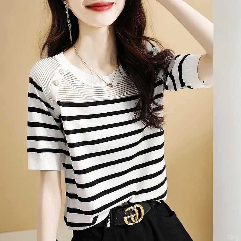 黑白条纹韩版针织衫欧货减龄显瘦冰丝弹力百搭圆领套头打底衫T恤