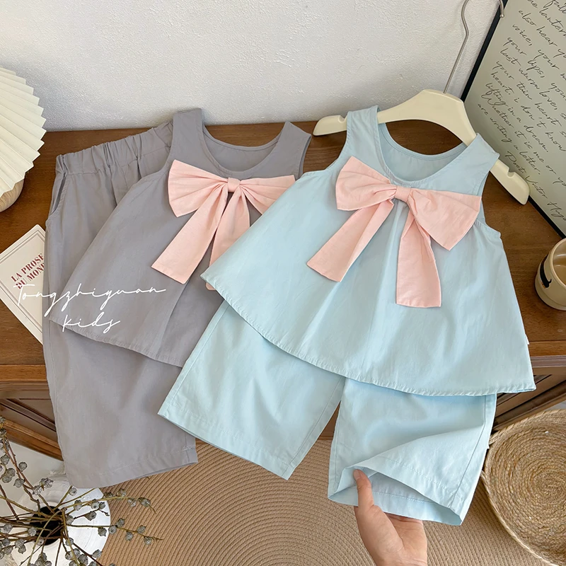 新款夏季时髦蝴蝶结套装无袖洋气衣服女童宝宝潮流儿童潮流两件套