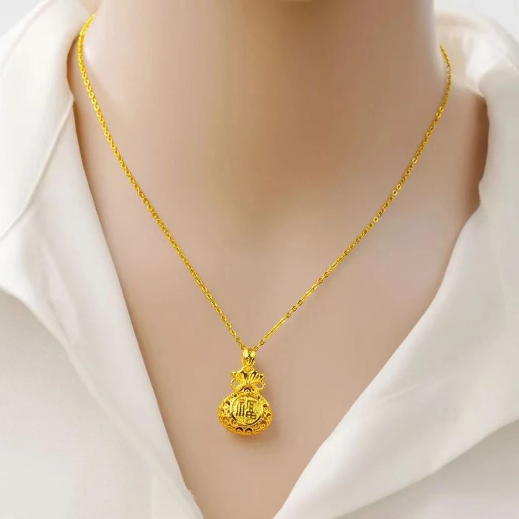 铜合金项链 高级正品花丝镂空吊坠福字招财福袋女款钱袋项链掉色
