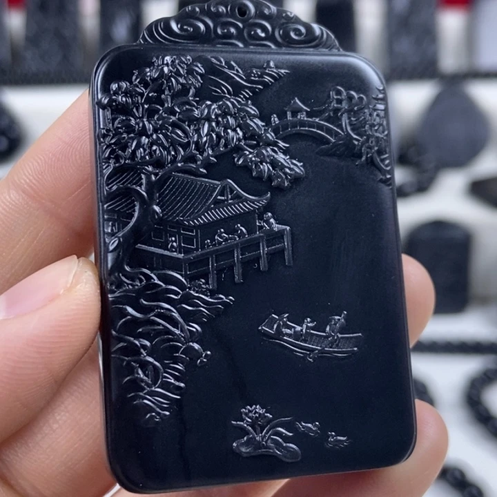 和田玉（墨玉）未镶嵌颈饰山水牌特价款