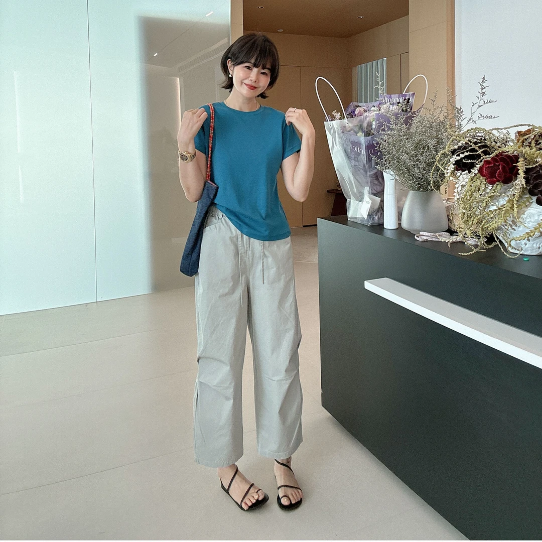 松紧腰老钱风轻薄透气休闲八分阔腿裤休闲裤