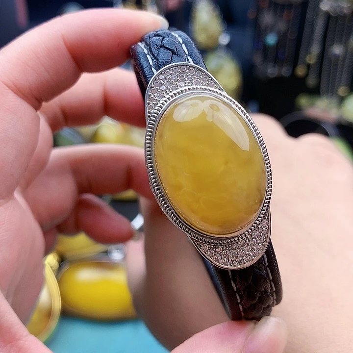 琥珀裸石银S925镶嵌手镯