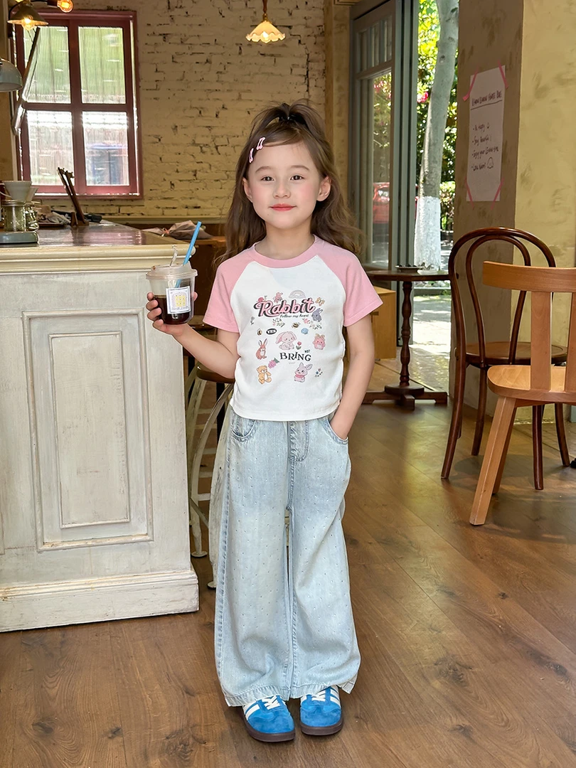 女童纯棉T恤圆领卡通印花洋气2025新款中大童甜美夏季网红短袖T夏