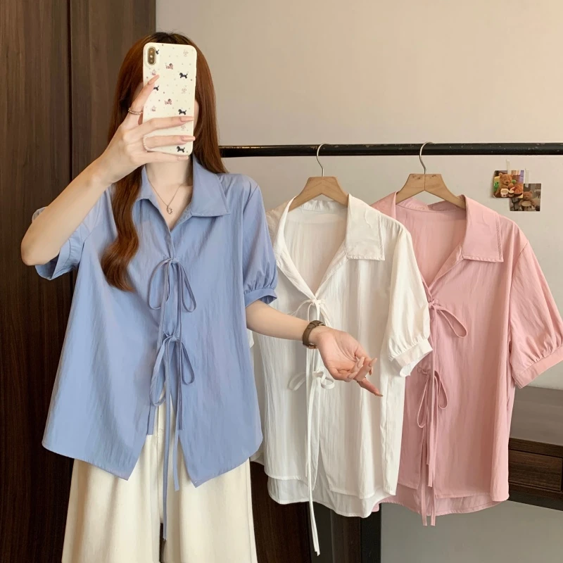 大码女装2025夏季新款显瘦抽绳蝴蝶结短袖系带衬衫上衣小众女装潮