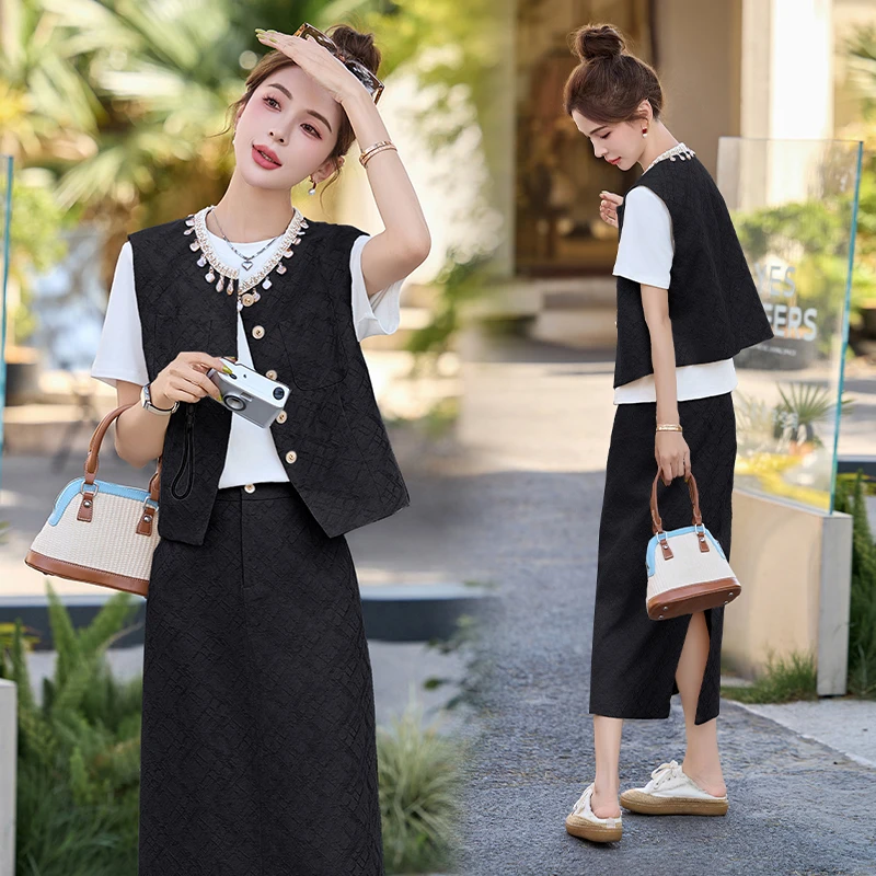 小香风亮片拼接马甲套装裙女2025年夏季新款名媛气质半身裙三件套