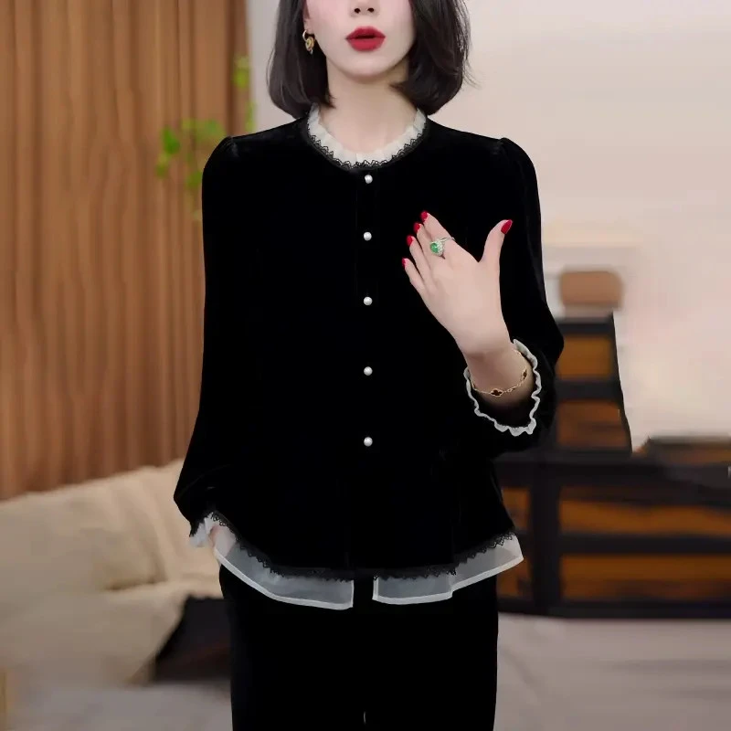 法式假两件衬衫女士2024秋季新款气质休闲显瘦黑色丝绒打底衫上衣